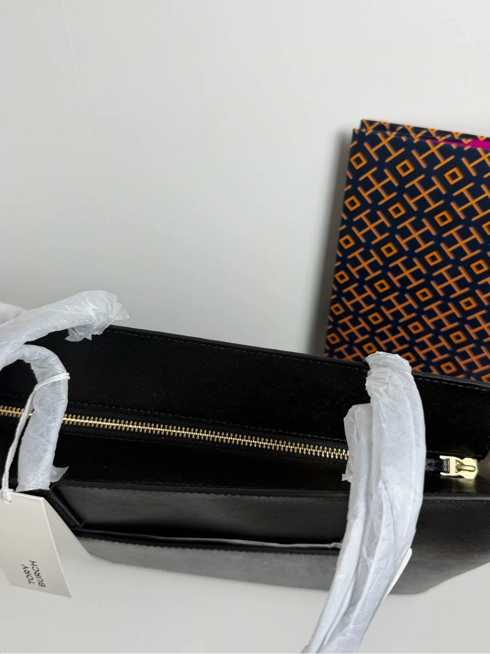 Tory Burch Black Leather Tote with Gold Logo